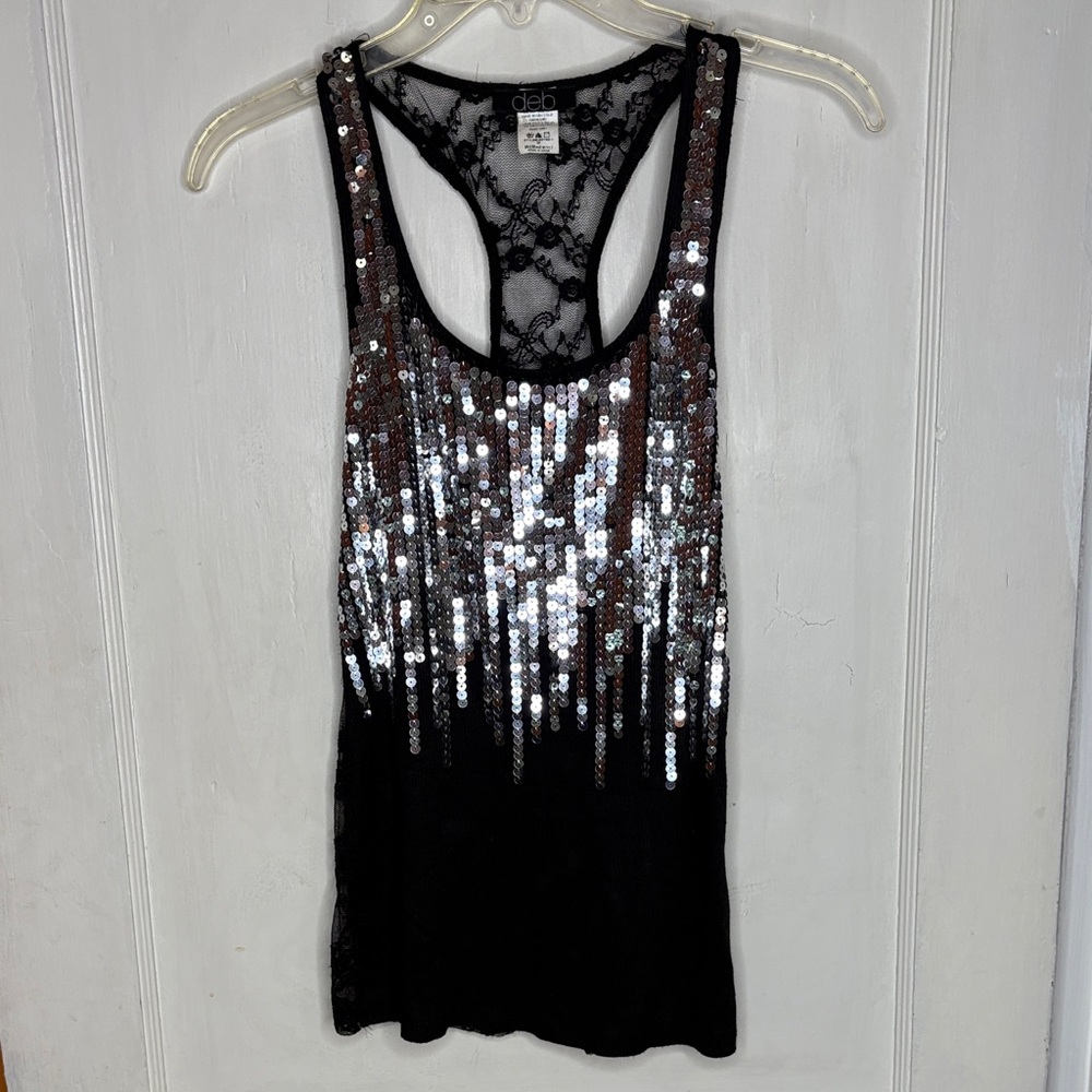 Y2K Deb Black Sequin Lace Tank Top Medium